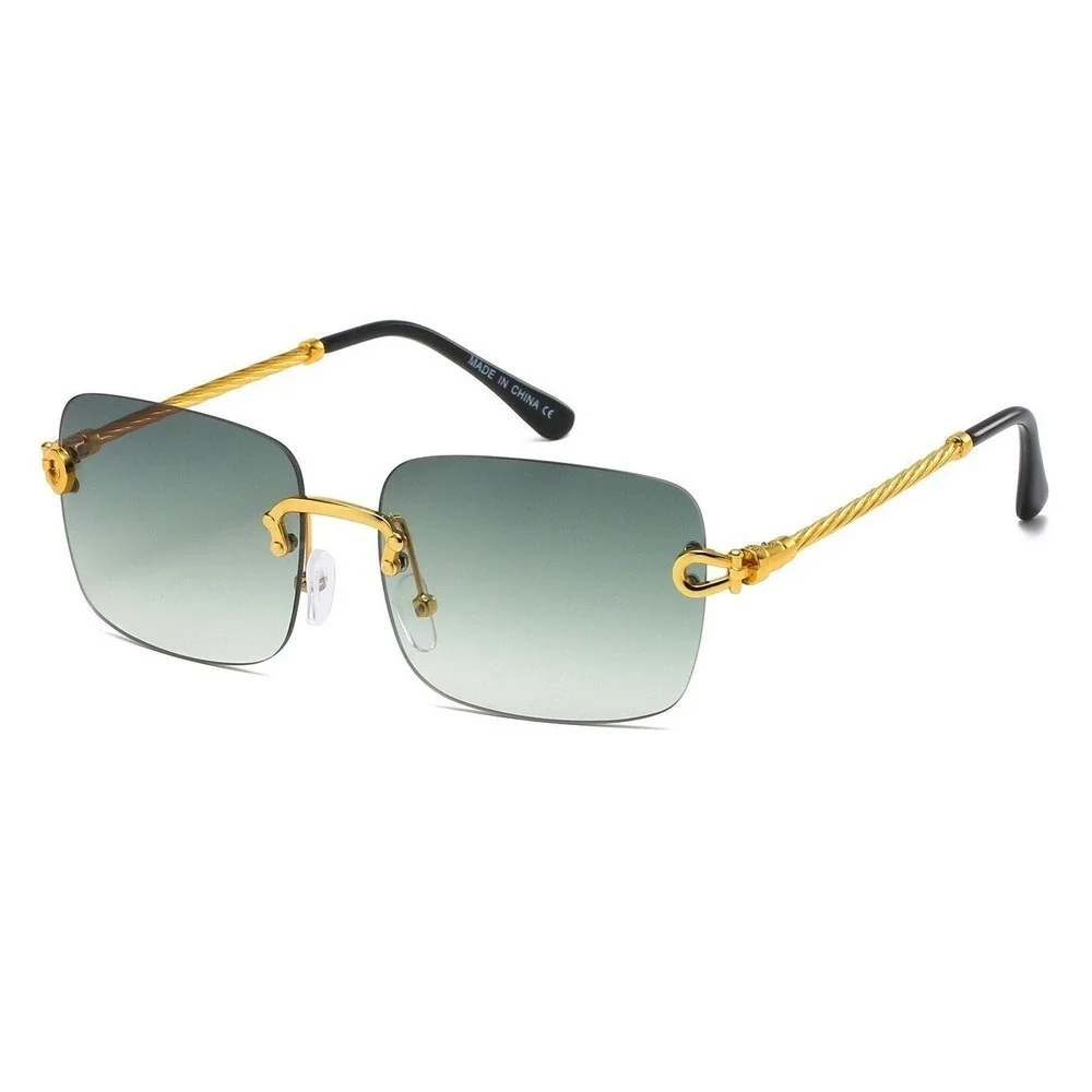 Fashion Sunglasses Green Lens Rectangle Gold Frame Shades Gold Metal Rimless New